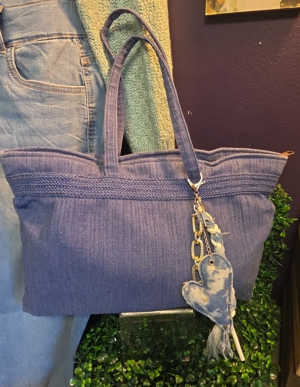 Denim Blue Women's Tote Bag with Heart Charm By Shirl Miller